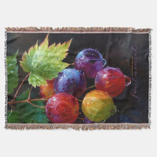 Vibrant Watercolor Grapes and Dew Drops Throw Blanket (Front)