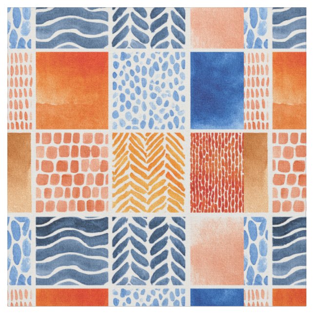 Vibrant Watercolor Grid Pattern in Blue & Orange Fabric (Close Up)