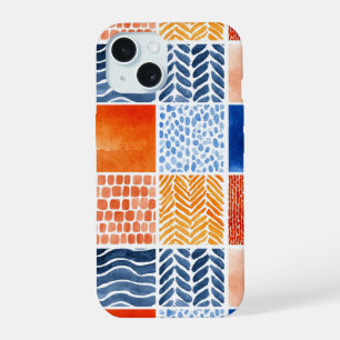 Vibrant Watercolor Grid Pattern in Blue & Orange iPhone 15 Case