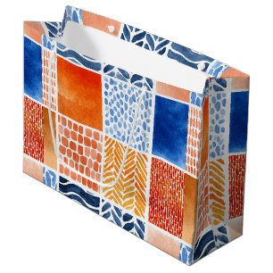 Vibrant Watercolor Grid Pattern in Blue & Orange Large Gift Bag