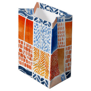 Vibrant Watercolor Grid Pattern in Blue & Orange Medium Gift Bag