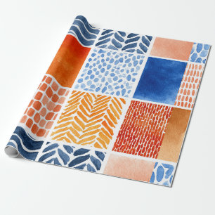Vibrant Watercolor Grid Pattern in Blue & Orange Wrapping Paper