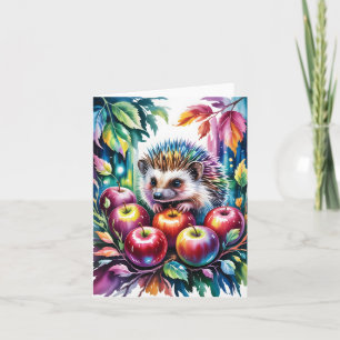 Vibrant Watercolor Hedgehog with Autumn Apples Holiday Card