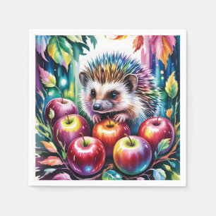 Vibrant Watercolor Hedgehog with Autumn Apples Napkin