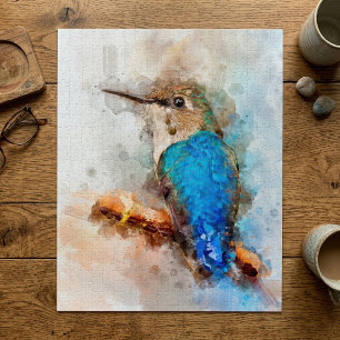 Vibrant Watercolor Hummingbird Bird on a branch Jigsaw Puzzle