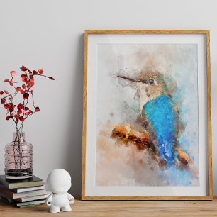 Vibrant Watercolor Hummingbird Bird on a branch Photo Print