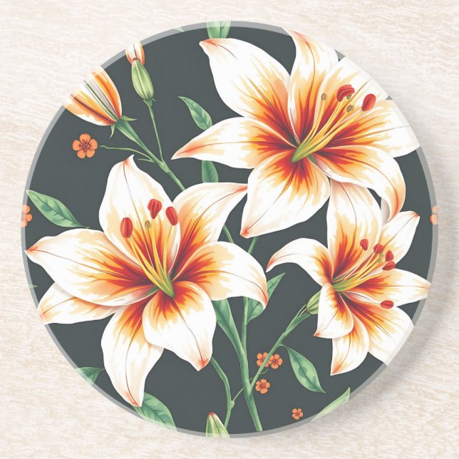 Vibrant Watercolor Lilies Pattern in White Coaster (Front)