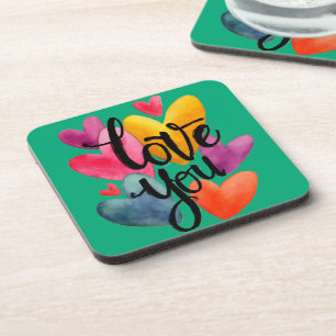 Vibrant Watercolor Love: Hand-Lettered "Love You" Coaster