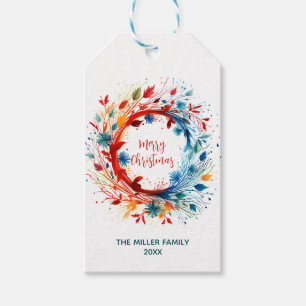 Vibrant Watercolor Merry Christmas Wreath Gift Tags