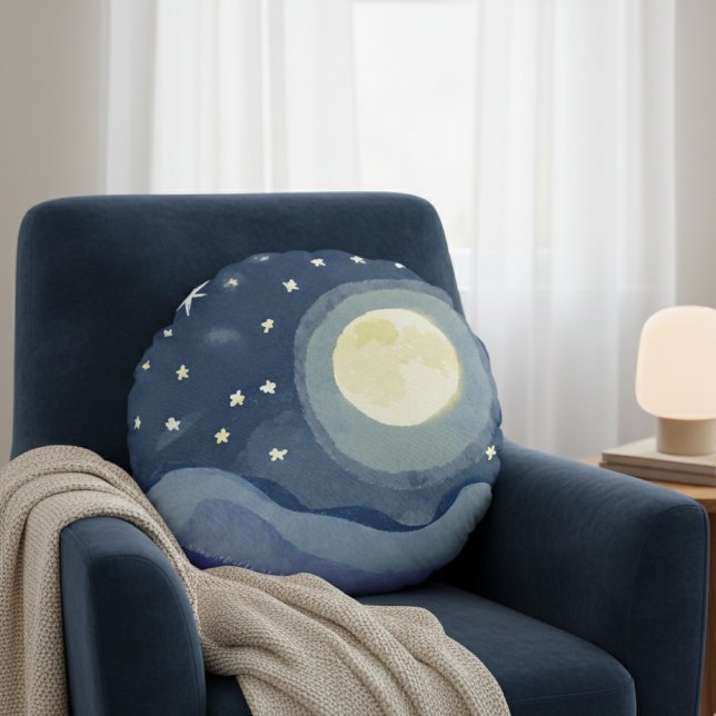 Vibrant Watercolor Moon Star Shining  Round Pillow (Creator Uploaded)