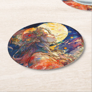 Vibrant Watercolor of Girl and Moon Paper Coaster