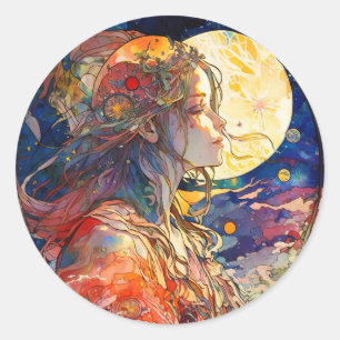 Vibrant Watercolor of Girl and Moon Sticker
