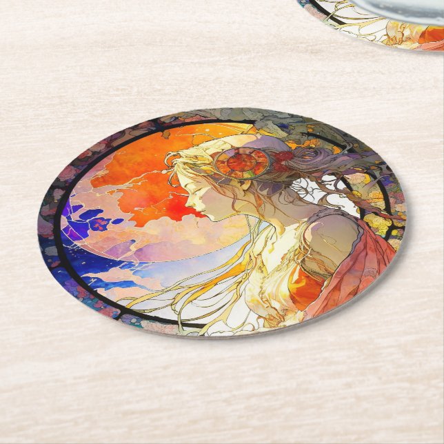 Vibrant Watercolor of Girl Paper Coaster (Angled)