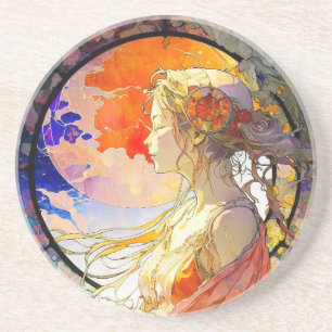 Vibrant Watercolor of Girl Sandstone Coaster