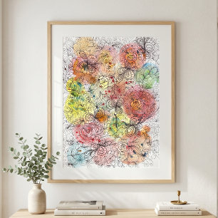 Vibrant Watercolor Ombre Floral Doodle Art Poster