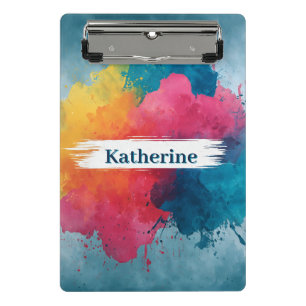 Vibrant Watercolor Paint Splash with Custom Name Mini Clipboard