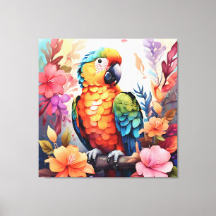 Vibrant Watercolor Parrot with Tropical Flowers -  Canvas Print