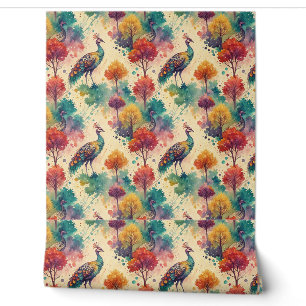 Vibrant Watercolor Peacock Forest Painting Pattern Wallpaper