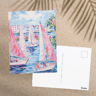 Vibrant Watercolor Pink Sailboats Tropical Coastal Postcard