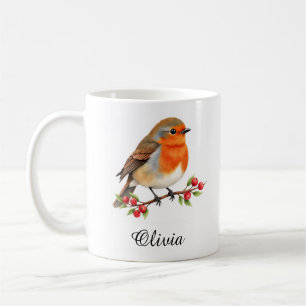 Vibrant Watercolor Robin on Holly Branch Custom Coffee Mug