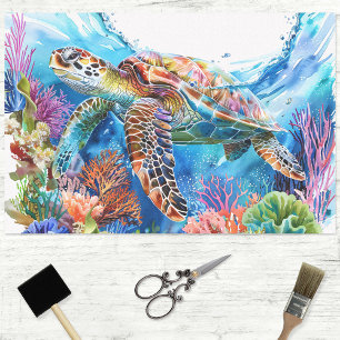 Vibrant Watercolor Sea Turtle Decoupage Tissue Paper