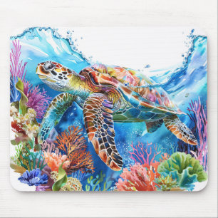 Vibrant Watercolor Sea Turtle Mouse Pad