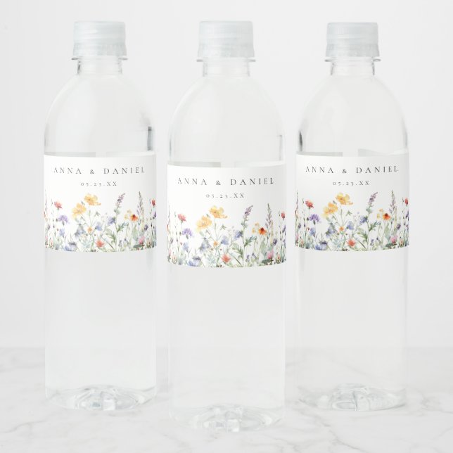 Vibrant Watercolor Wildflower Wedding Water Bottle Label (Bottles)