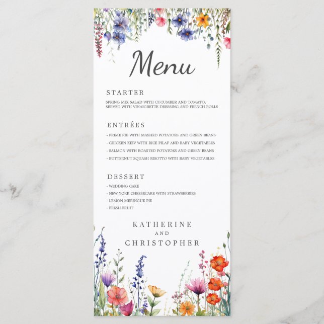 Vibrant Watercolor Wildflowers Elegant Wedding Menu (Front)