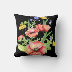 "Vibrant Watercolor Wildflowers on Black Canvas  Cushion