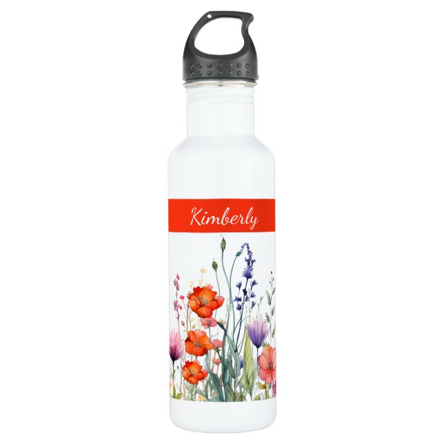 Vibrant Watercolor Wildflowers Personalized 710 Ml Water Bottle (Front)