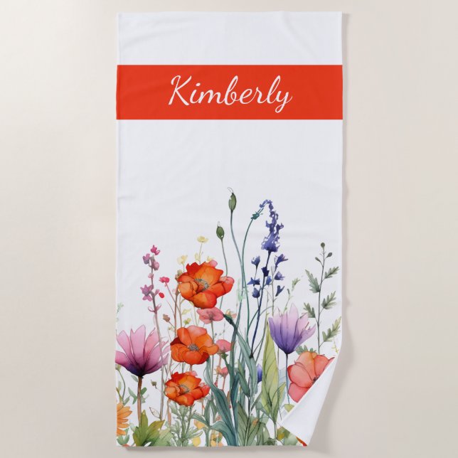 Vibrant Watercolor Wildflowers Personalized Beach Towel (Front)