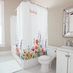 Vibrant Watercolor Wildflowers Personalized Shower Curtain