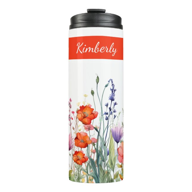 Vibrant Watercolor Wildflowers Personalized Thermal Tumbler (Front)