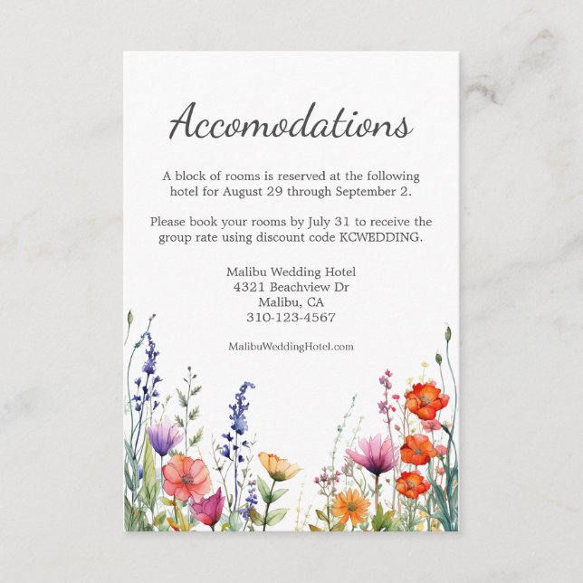Vibrant Watercolor Wildflowers Wedding Hotel Enclosure Card (Front)