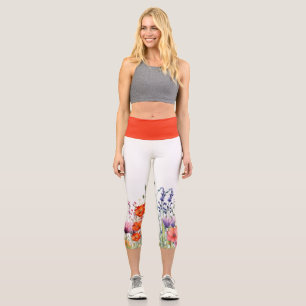 Vibrant Watercolor Wildflowers Yoga Capri Leggings
