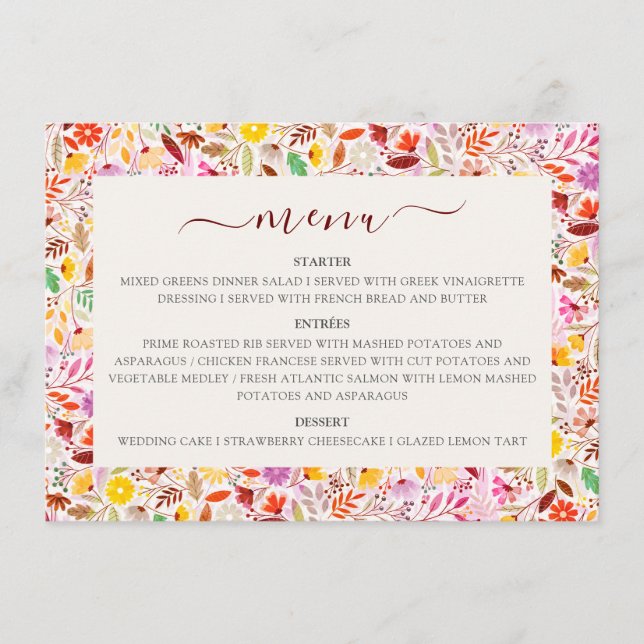 Vibrant Watercolors Summer Tulip Flowers Wedding Menu (Front)