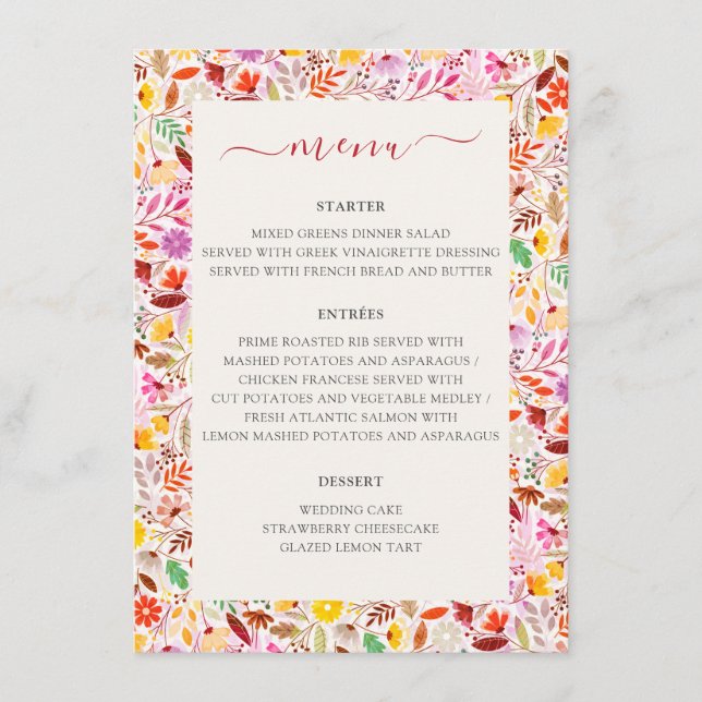 Vibrant Watercolors Summer Tulip Flowers Wedding Menu (Front)