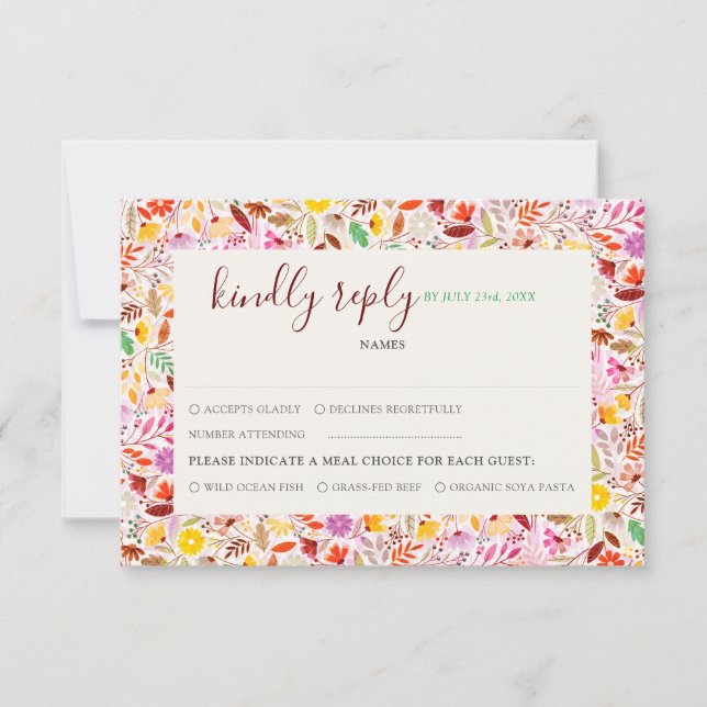 Vibrant Watercolors Summer Tulip Flowers Wedding RSVP Card (Front)