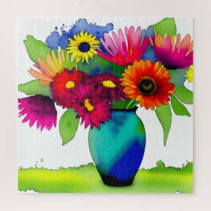 Vibrant Watercolour Vase and Flowers Jigsaw Puzzle