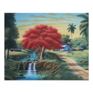 Vibrant Waterfall and Red Tree Photo Print