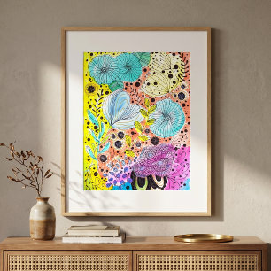 Vibrant Whimsical Floral Hand Drawn Doodle Art Poster