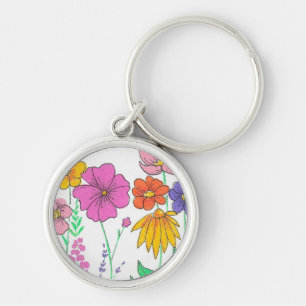 Vibrant Whimsical Painted Flowers Key Ring