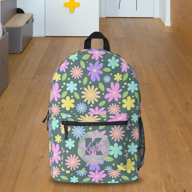 Vibrant Whimsical Pastel Garden Blooms on Green  Printed Backpack (Creator Uploaded)