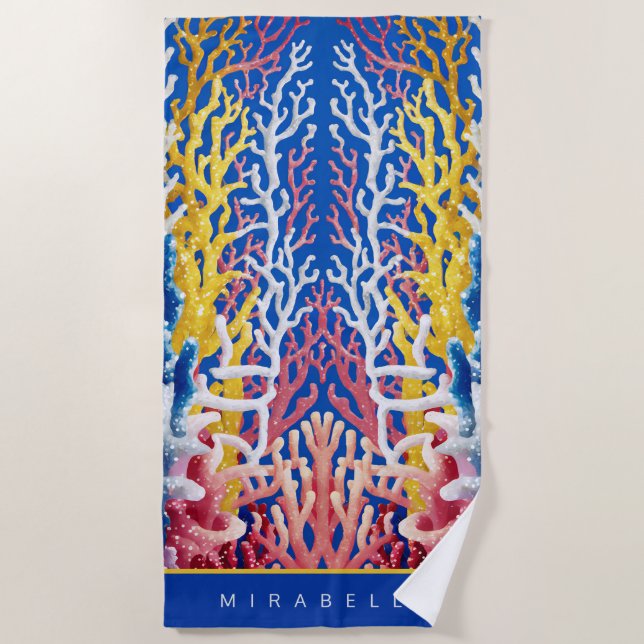 Vibrant White & Pink Ocean Coral Personalised Beach Towel (Front)