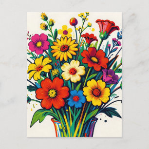Vibrant Wildflower Bouquet Folk Art Postcard