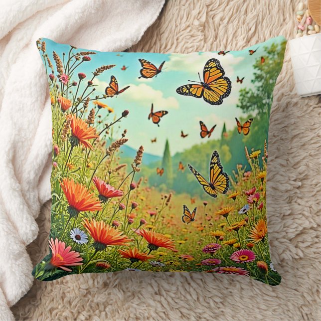 Vibrant Wildflower Butterfly Joy Design Cushion (Blanket)