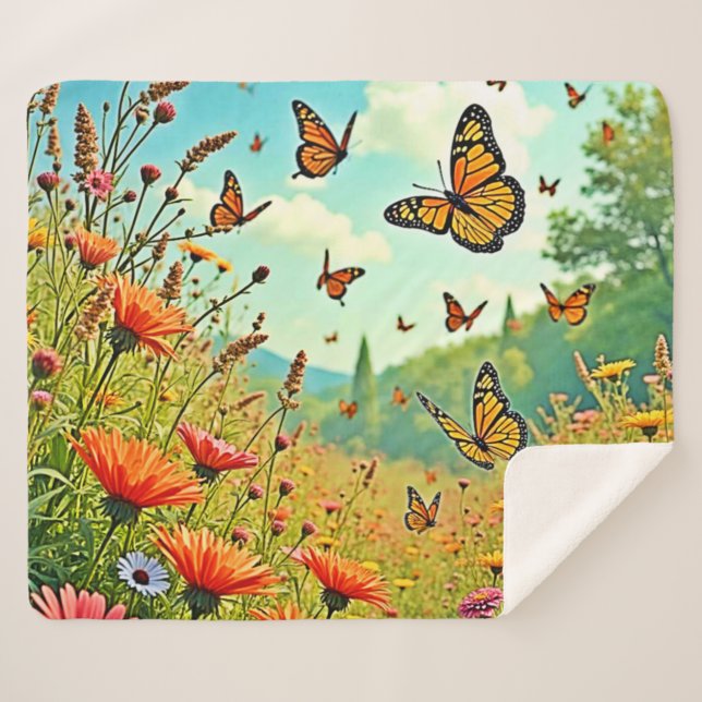 Vibrant Wildflower Butterfly Joy Design Sherpa Blanket (Front (Horizontal))