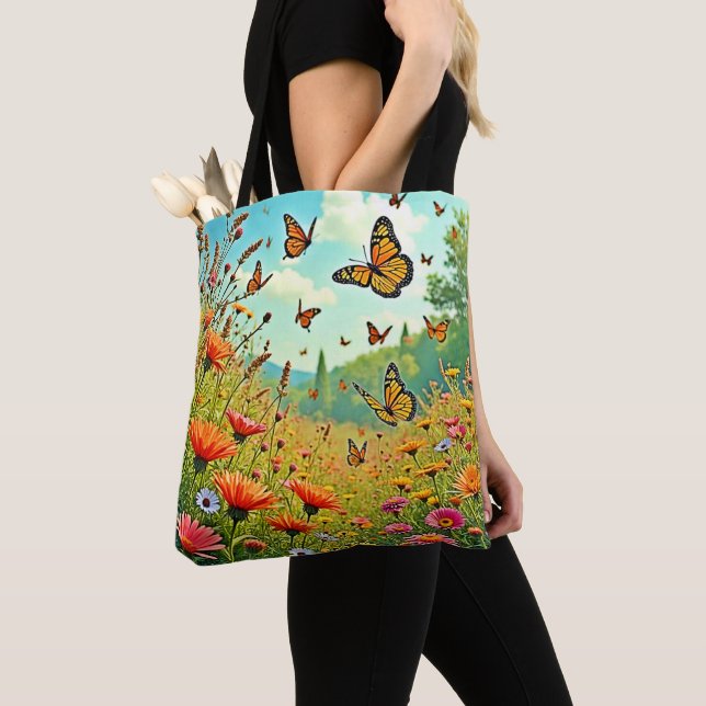 Vibrant Wildflower Butterfly Joy Design Tote Bag (Close Up)