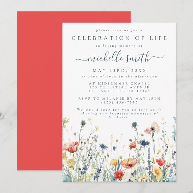Vibrant Wildflower Celebration of Life Funeral Invitation (Front/Back)