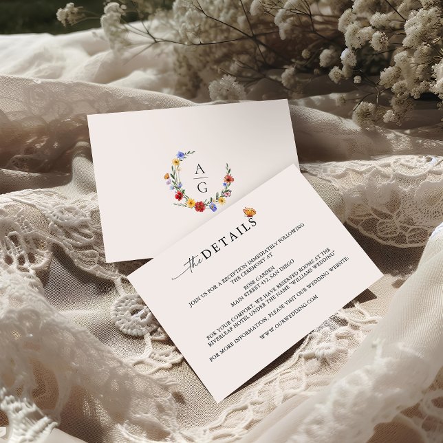 Vibrant Wildflower Crest Monogram Wedding Details  Enclosure Card (Creator Uploaded)